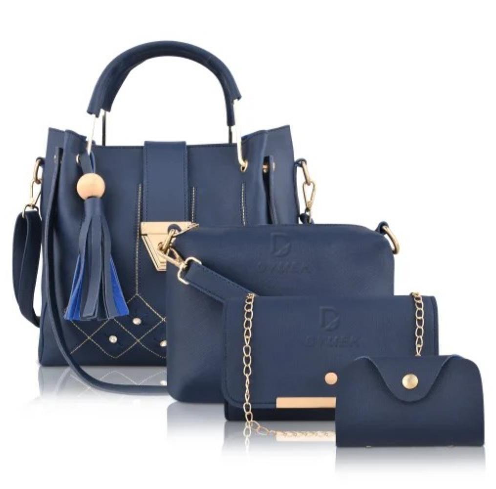 Stylish Blue PU Leather Hand Bag Set - 4 Pcs for Women